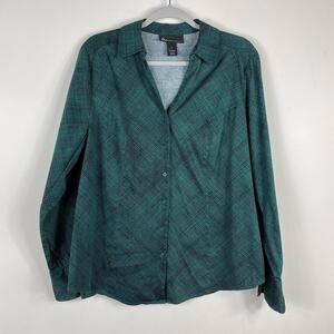 Lane Bryant Plus Size 16 Printed Long Sleeve Button Shirt Green Cotton Blend